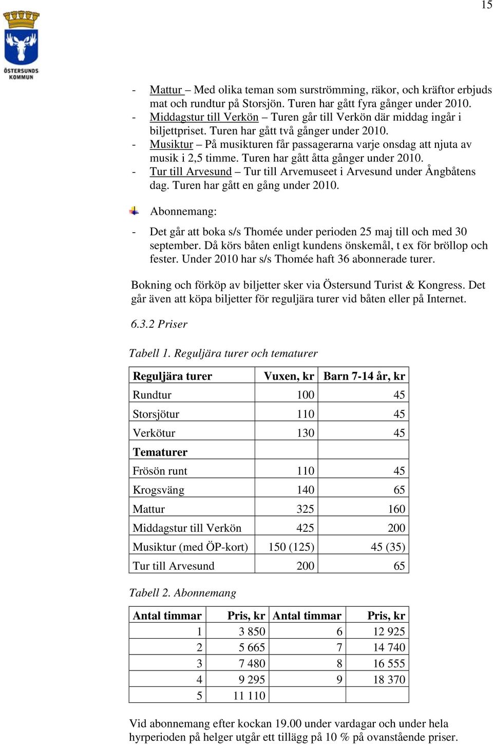 - Musiktur På musikturen får passagerarna varje onsdag att njuta av musik i 2,5 timme. Turen har gått åtta gånger under 2010. - Tur till Arvesund Tur till Arvemuseet i Arvesund under Ångbåtens dag.