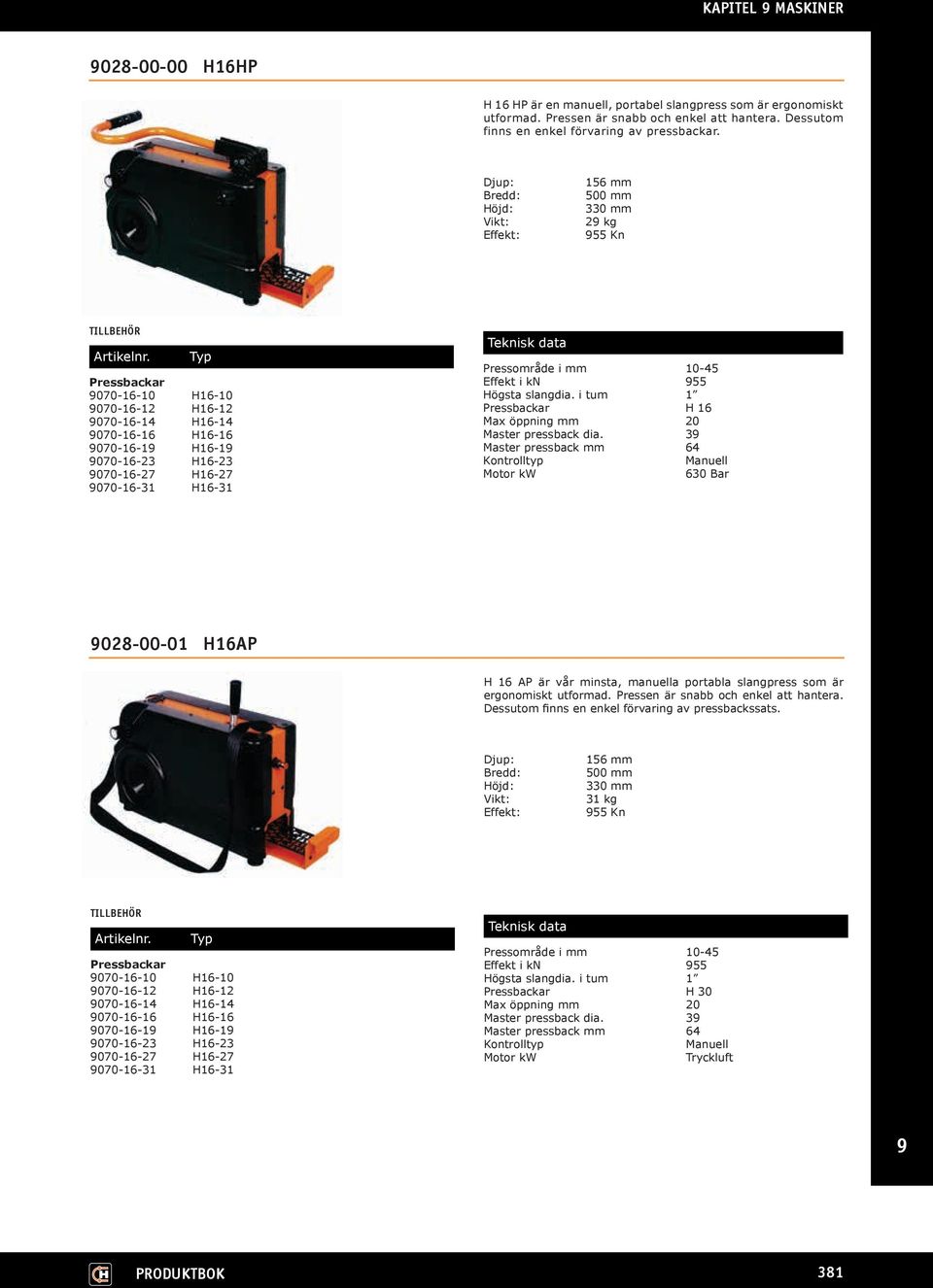 H16-31 Teknisk data Pressområde i mm 10-45 Effekt i kn 955 Högsta slangdia. i tum 1 Pressbackar H 16 Max öppning mm 20 Master pressback dia.