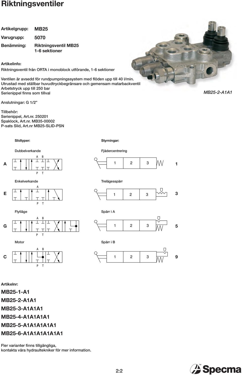Utrustd med ställr huvudtryckegränsre och gemensm mtrckventil retstryck upp till 250 r Serienippel finns som tillvl M25-2-11 nslutningr: G 1/2 illehör: Serienippel, rt.nr. 250201 Spklock, rt.