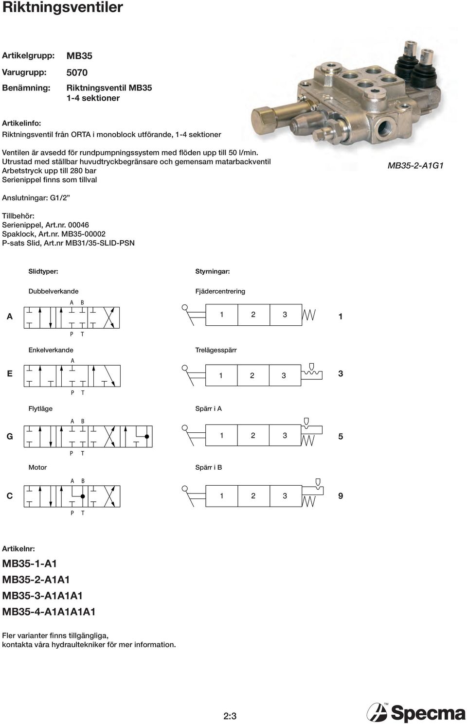 Utrustd med ställr huvudtryckegränsre och gemensm mtrckventil retstryck upp till 280 r Serienippel finns som tillvl M35-2-1G1 nslutningr: G1/2 illehör: Serienippel, rt.nr.