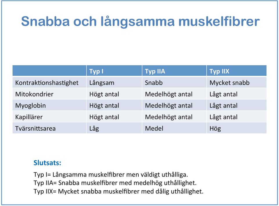 Högt antal Medelhögt antal Lågt antal Tvärsni%sarea Låg Medel Hög Slutsats: Typ I= Långsamma muskelfibrer men