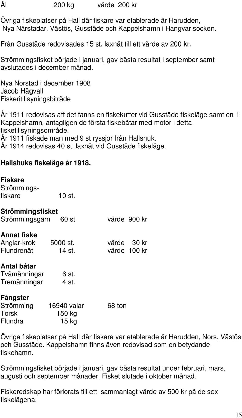Nya Norstad i december 1908 Jacob Hägvall Fiskeritillsyningsbiträde År 1911 redovisas att det fanns en fiskekutter vid Gusstäde fiskeläge samt en i Kappelshamn, antagligen de första fiskebåtar med