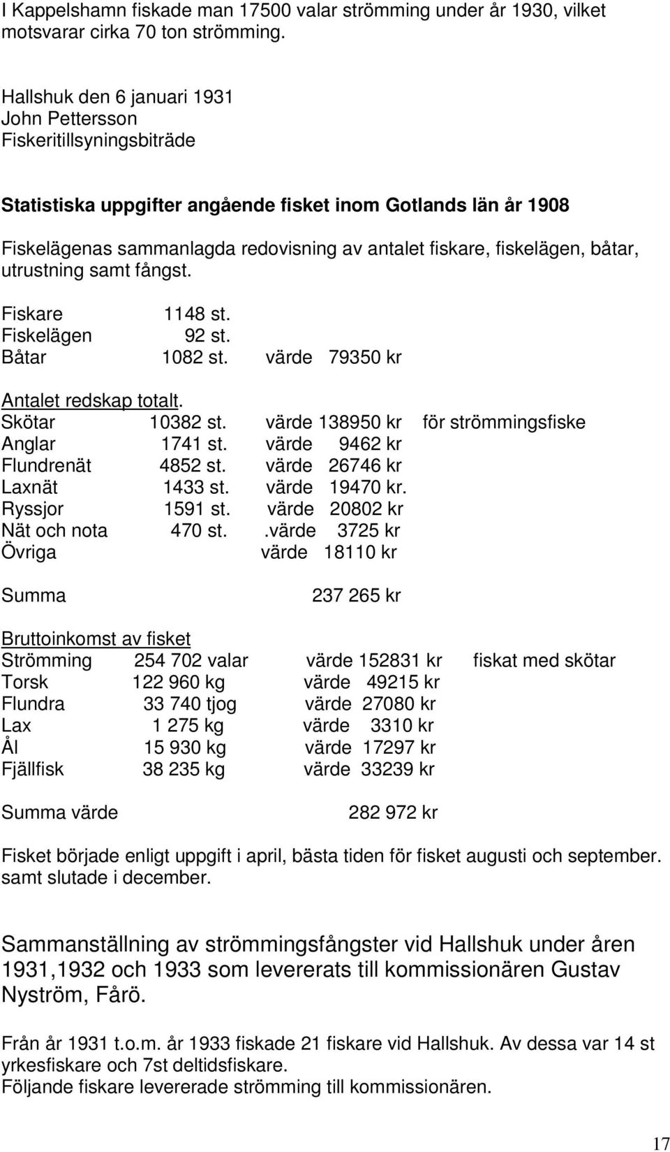 fiskelägen, båtar, utrustning samt fångst. Fiskare 1148 st. Fiskelägen 92 st. Båtar 1082 st. värde 79350 kr Antalet redskap totalt. Skötar 10382 st. värde 138950 kr för strömmingsfiske Anglar 1741 st.