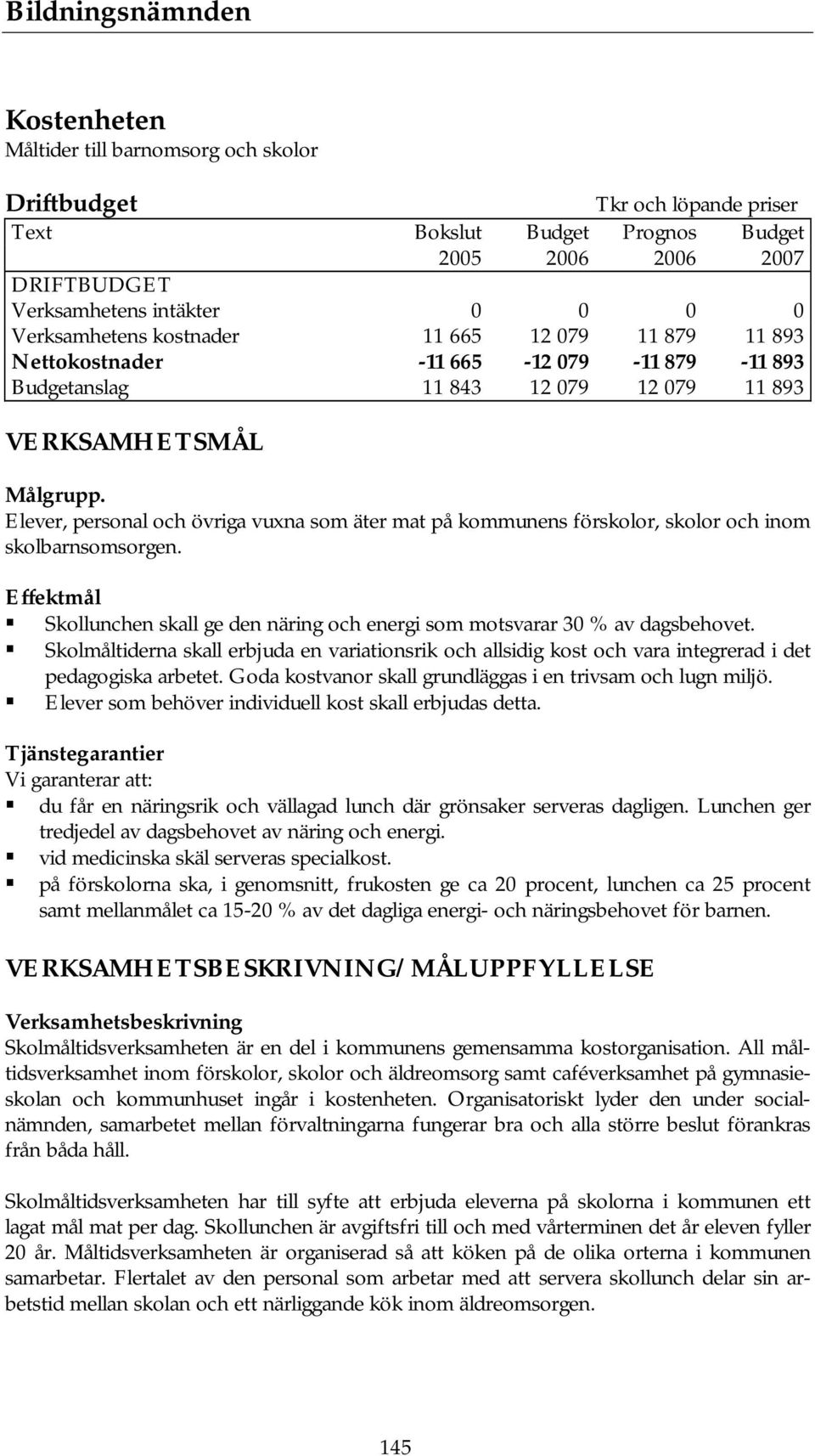 Elever, personal och övriga vuxna som äter mat på kommunens förskolor, skolor och inom skolbarnsomsorgen. Effektmål Skollunchen skall ge den näring och energi som motsvarar 30 % av dagsbehovet.