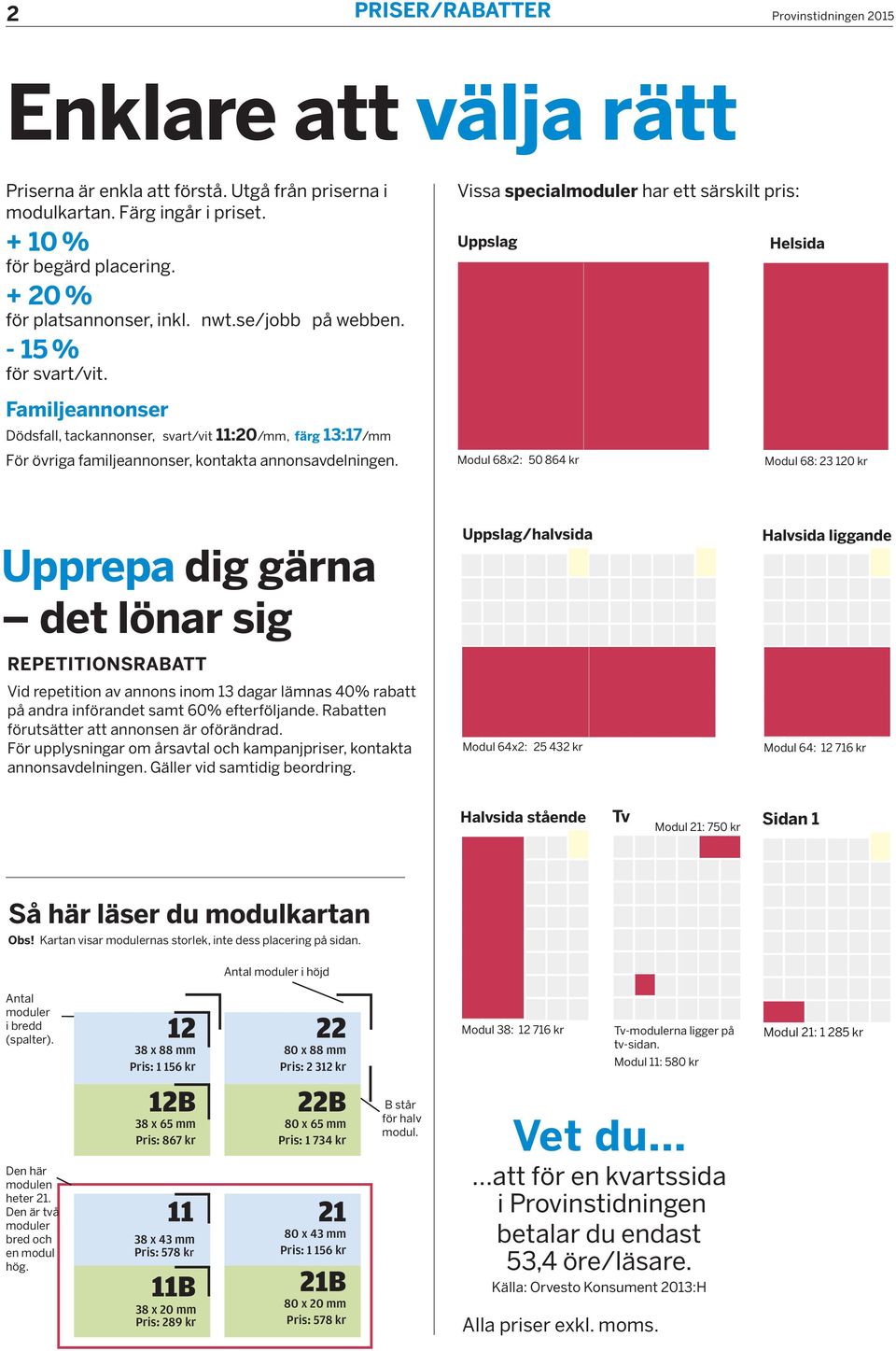 Vissa specialmoduler har ett särskilt pris: Uppslag Helsida Familjeannonser Dödsfall, tackannonser, svart/vit 11:20/mm, färg 13:17/mm För övriga familjeannonser, kontakta annonsavdelningen.