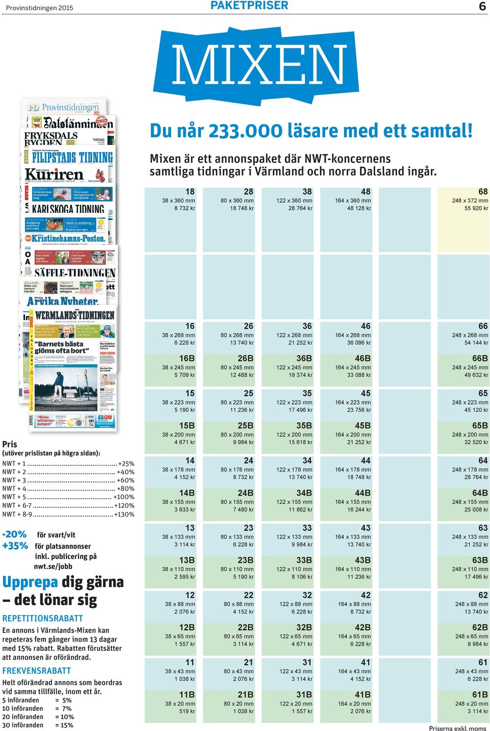 .. +60% NWT + 4... +80% NWT + 5... +100% NWT + 6-7...+120% NWT + 8-9...+130% -20% +35% för svart/vit för platsannonser inkl. publicering på nwt.