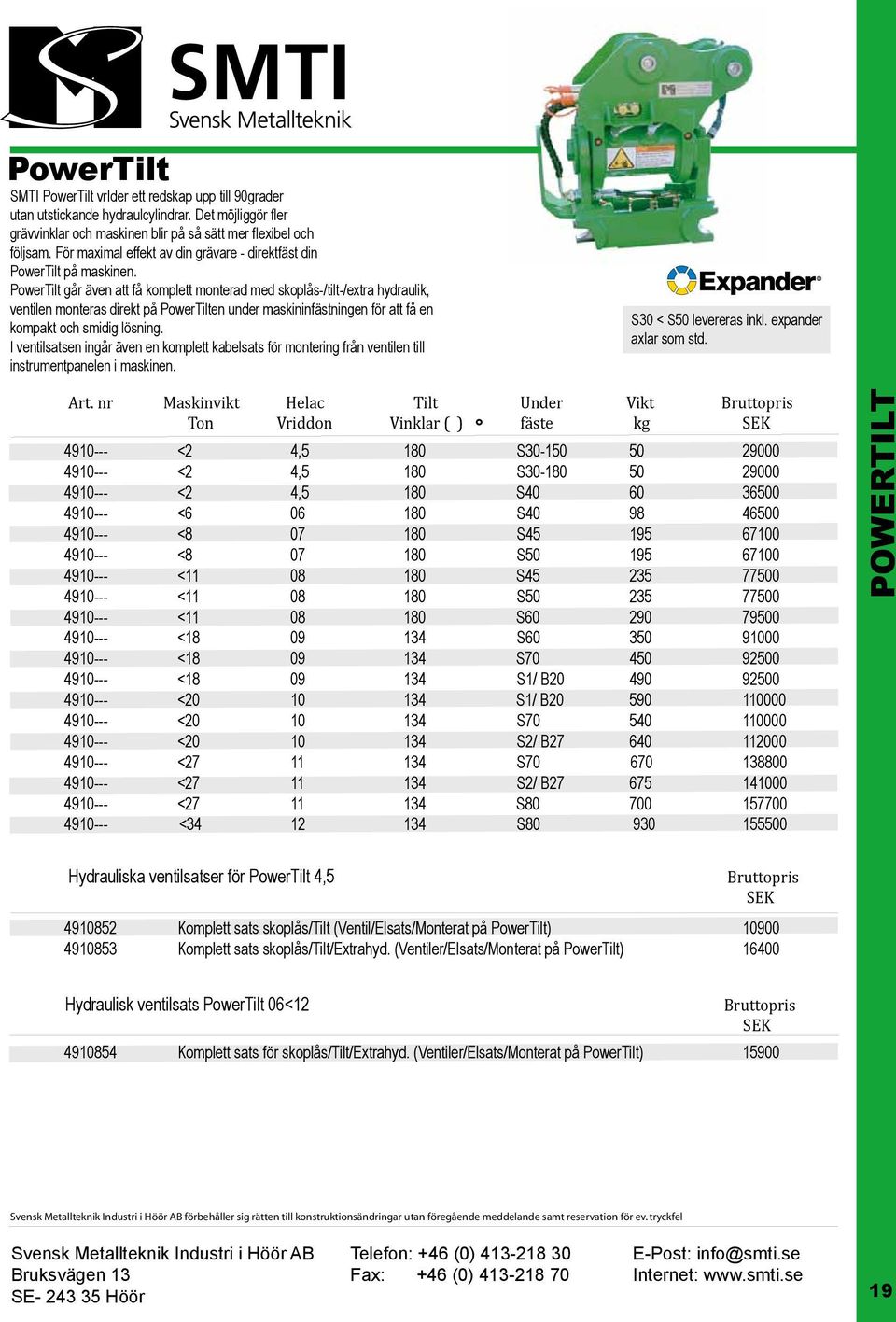 PowerTilt går även att få komplett monterad med skoplås-/tilt-/extra hydraulik, ventilen monteras direkt på PowerTilten under maskininfästningen för att få en kompakt och smidig lösning.