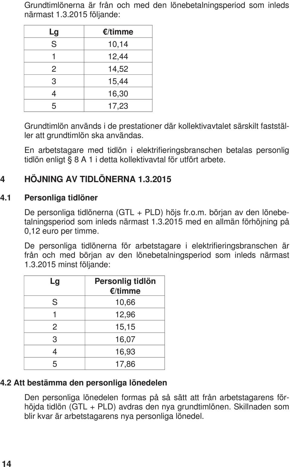 En arbetstagare med tidlön i elektrifieringsbranschen betalas personlig tidlön enligt 8 A 1 i detta kollektivavtal för utfört arbete. 4 HÖJNING AV TIDLÖNERNA 1.3.2015 4.