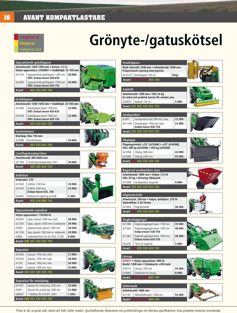 900:- OBS: Endast Avant 630-750 Gräsklippare Arbetsbredd: 1200-1500 mm Stubbhöjd: 25-100 mm A21046 Gräsklippare Avant 1200 mm 23.900:- OBS: Endast Avant 420-635 A34528 Gräsklippare Avant 1500 mm 32.