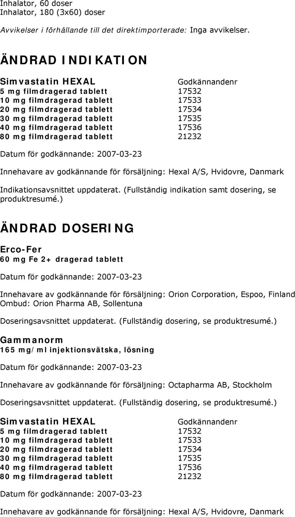 80 mg filmdragerad tablett 21232 Innehavare av godkännande för försäljning: Hexal A/S, Hvidovre, Danmark Indikationsavsnittet uppdaterat. (Fullständig indikation samt dosering, se produktresumé.