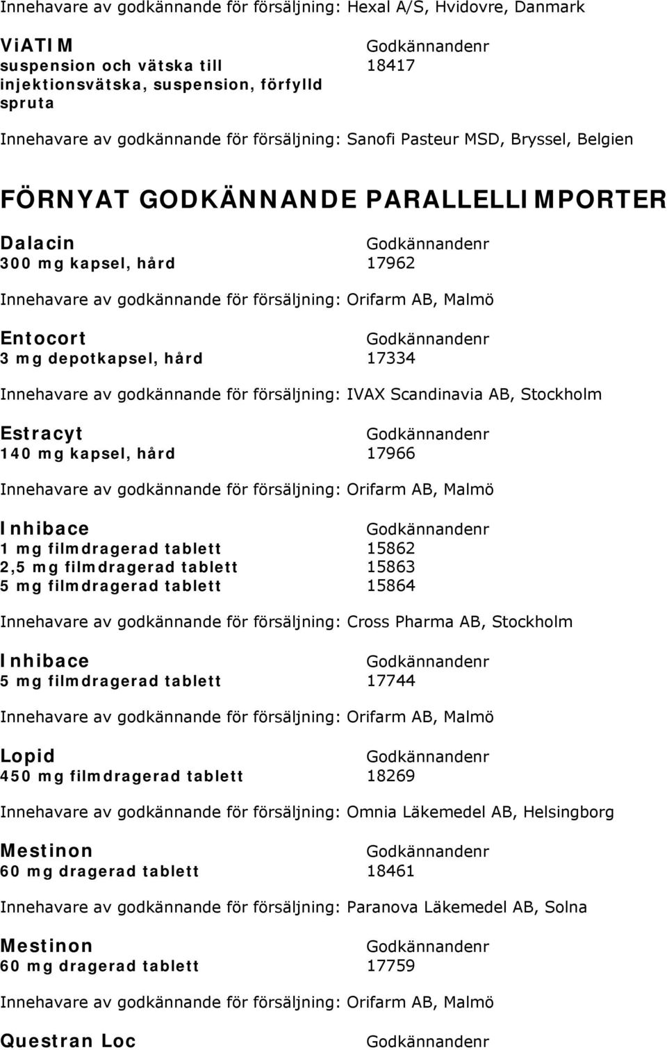 försäljning: IVAX Scandinavia AB, Stockholm Estracyt 140 mg kapsel, hård 17966 Inhibace 1 mg filmdragerad tablett 15862 2,5 mg filmdragerad tablett 15863 5 mg filmdragerad tablett 15864 Innehavare av