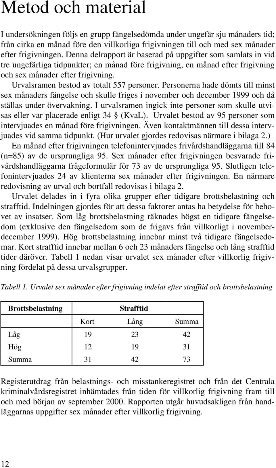 Urvalsramen bestod av totalt 557 personer. Personerna hade dömts till minst sex månaders fängelse och skulle friges i november och december 1999 och då ställas under övervakning.