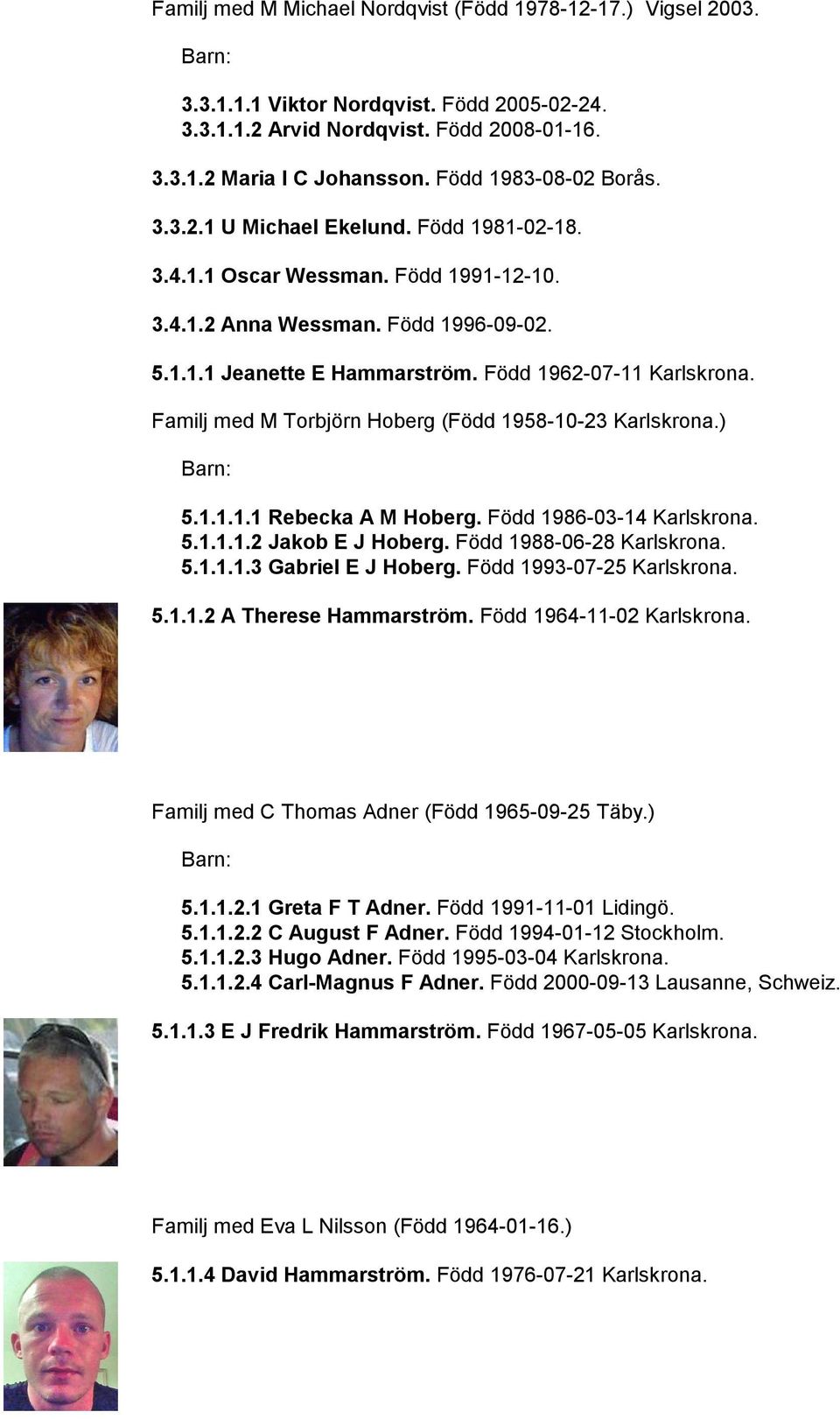 Född 1962-07-11 Karlskrona. Familj med M Torbjörn Hoberg (Född 1958-10-23 Karlskrona.) 5.1.1.1.1 Rebecka A M Hoberg. Född 1986-03-14 Karlskrona. 5.1.1.1.2 Jakob E J Hoberg. Född 1988-06-28 Karlskrona.