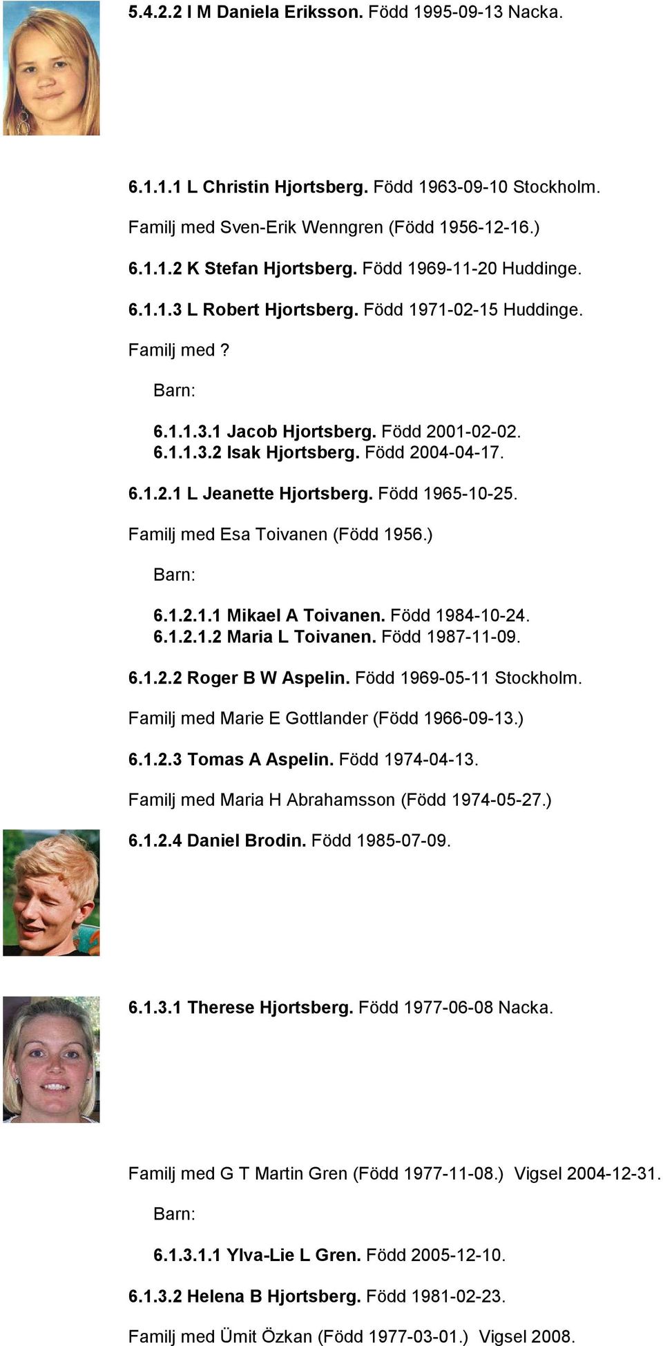 Född 1965-10-25. Familj med Esa Toivanen (Född 1956.) 6.1.2.1.1 Mikael A Toivanen. Född 1984-10-24. 6.1.2.1.2 Maria L Toivanen. Född 1987-11-09. 6.1.2.2 Roger B W Aspelin. Född 1969-05-11 Stockholm.