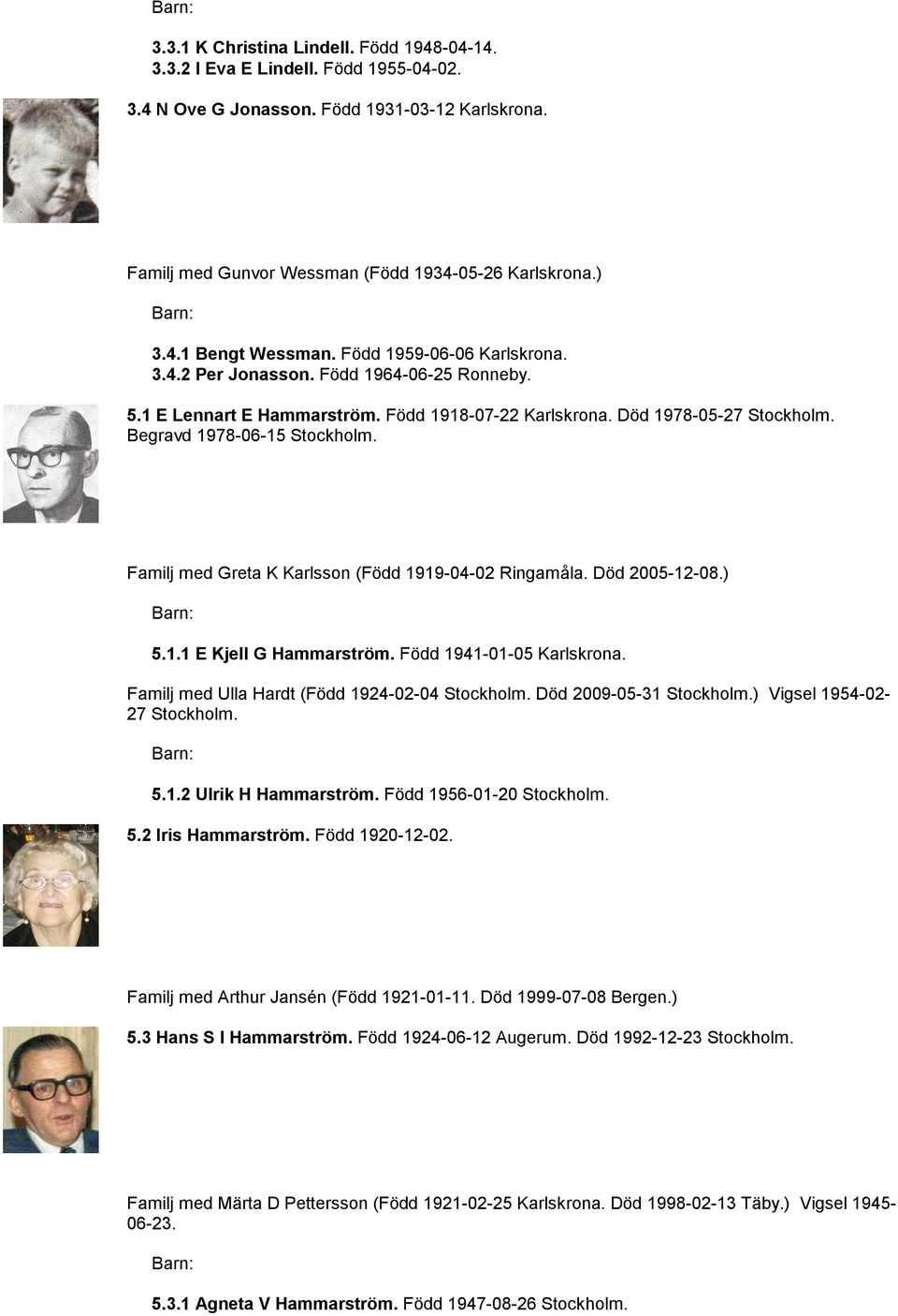 Familj med Greta K Karlsson (Född 1919-04-02 Ringamåla. Död 2005-12-08.) 5.1.1 E Kjell G Hammarström. Född 1941-01-05 Karlskrona. Familj med Ulla Hardt (Född 1924-02-04 Stockholm.