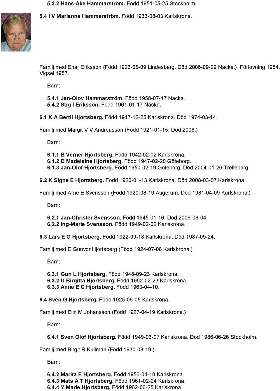 Familj med Margit V V Andreasson (Född 1921-01-15. Död 2008.) 6.1.1 B Verner Hjortsberg. Född 1942-02-02 Karlskrona. 6.1.2 D Madeleine Hjortsberg. Född 1947-02-20 Göteborg. 6.1.3 Jan-Olof Hjortsberg.