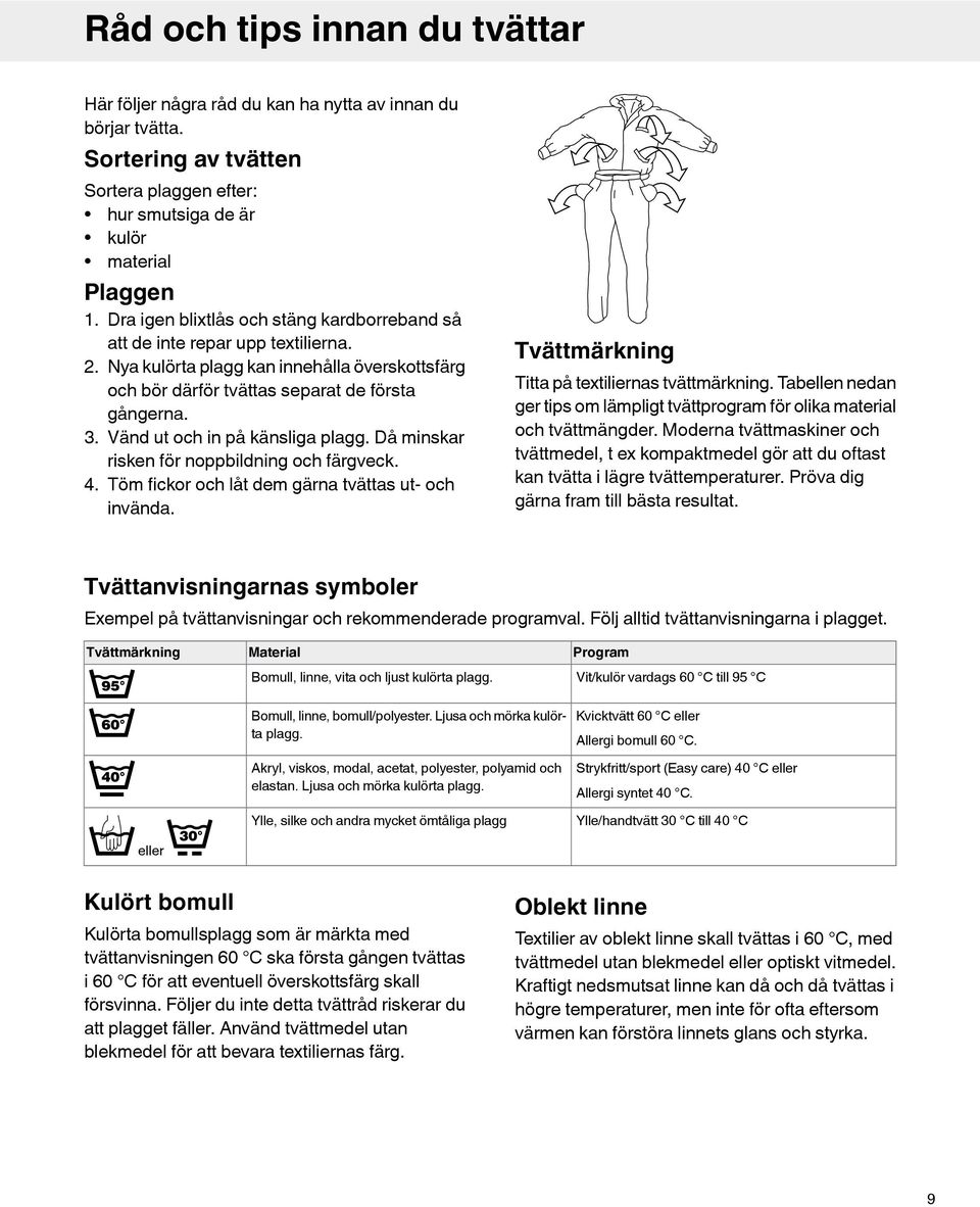 Vänd ut och in på känsliga plagg. Då minskar risken för noppbildning och färgveck. 4. Töm fickor och låt dem gärna tvättas ut- och invända. Tvättmärkning Titta på textiliernas tvättmärkning.