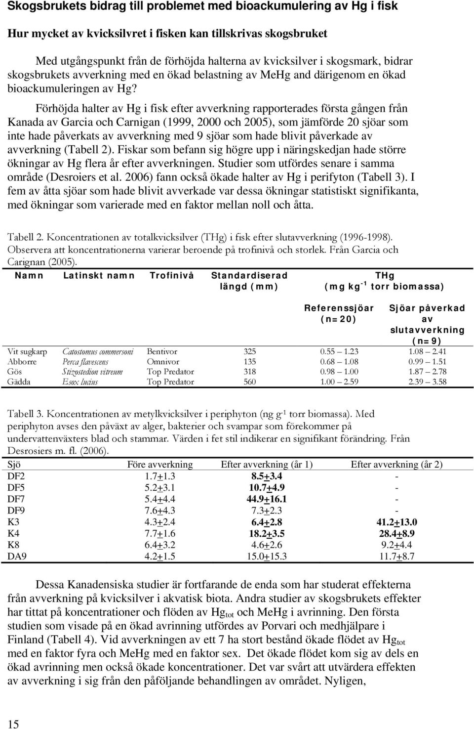 Förhöjda halter av Hg i fisk efter avverkning rapporterades första gången från Kanada av Garcia och Carnigan (1999, 2000 och 2005), som jämförde 20 sjöar som inte hade påverkats av avverkning med 9