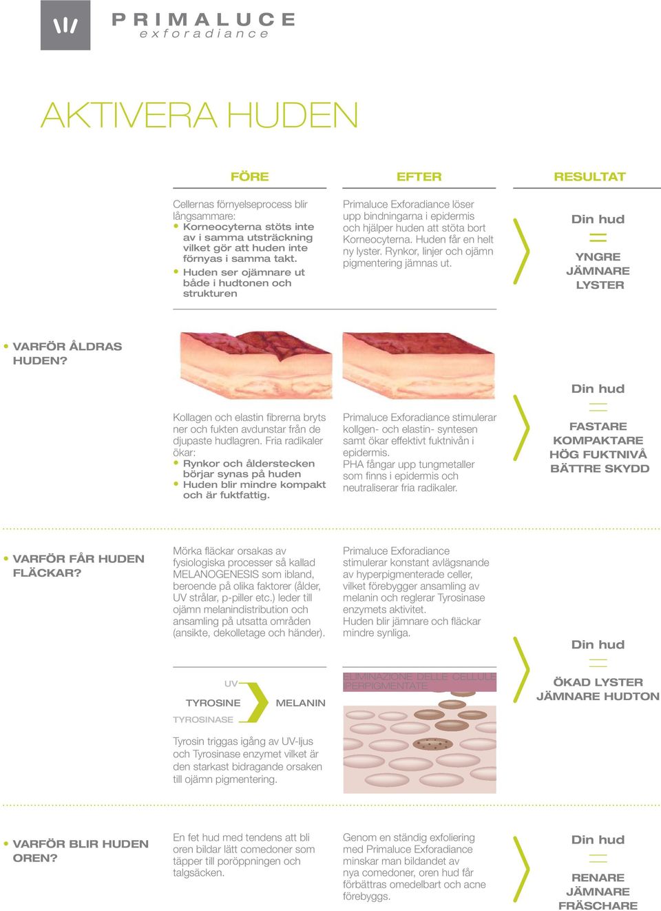 Rynkor, linjer och ojämn pigmentering jämnas ut. Din hud = YNGRE JÄMNARE LYSTER VARFÖR ÅLDRAS HUDEN? Kollagen och elastin fibrerna bryts ner och fukten avdunstar från de djupaste hudlagren.