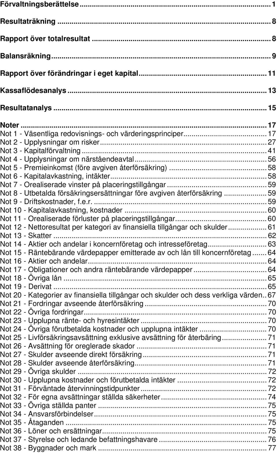 .. 56 Not 5 - Premieinkomst (före avgiven återförsäkring)... 58 Not 6 - Kapitalavkastning, intäkter... 58 Not 7 - Orealiserade vinster på placeringstillgångar.