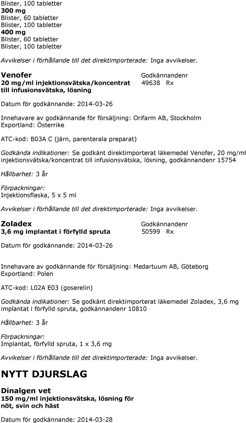 Hållbarhet: 3 år Injektionsflaska, 5 x 5 ml Zoladex 3,6 mg implantat i förfylld spruta 50599 Rx Innehavare av godkännande för försäljning: Medartuum AB, Göteborg Exportland: Polen ATC-kod: L02A E03