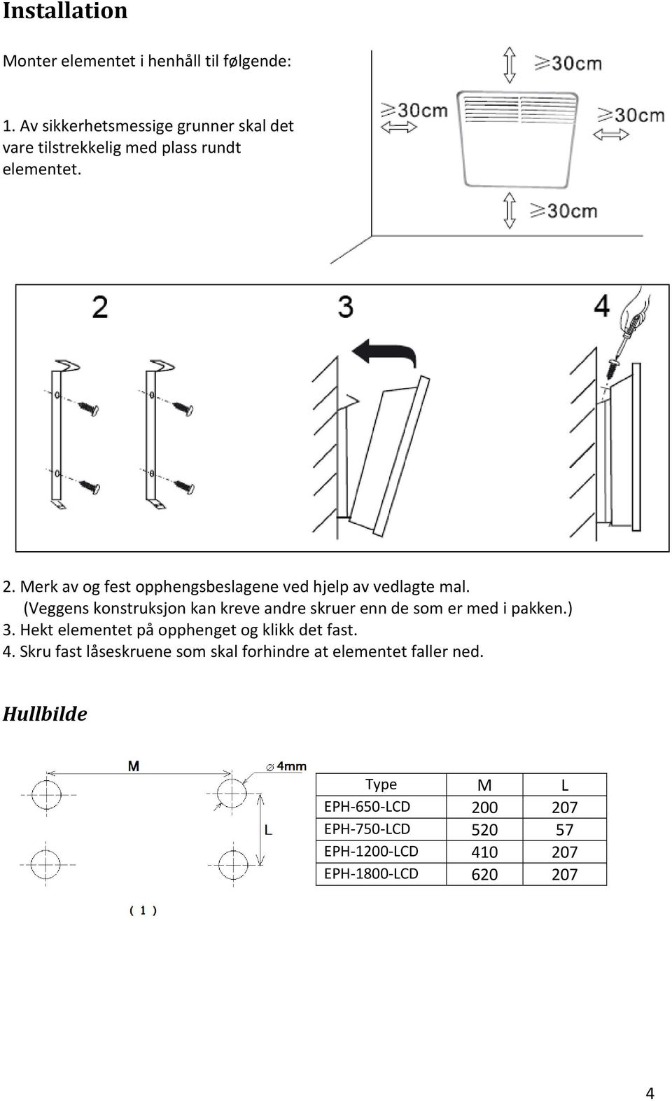 Merk av og fest opphengsbeslagene ved hjelp av vedlagte mal.