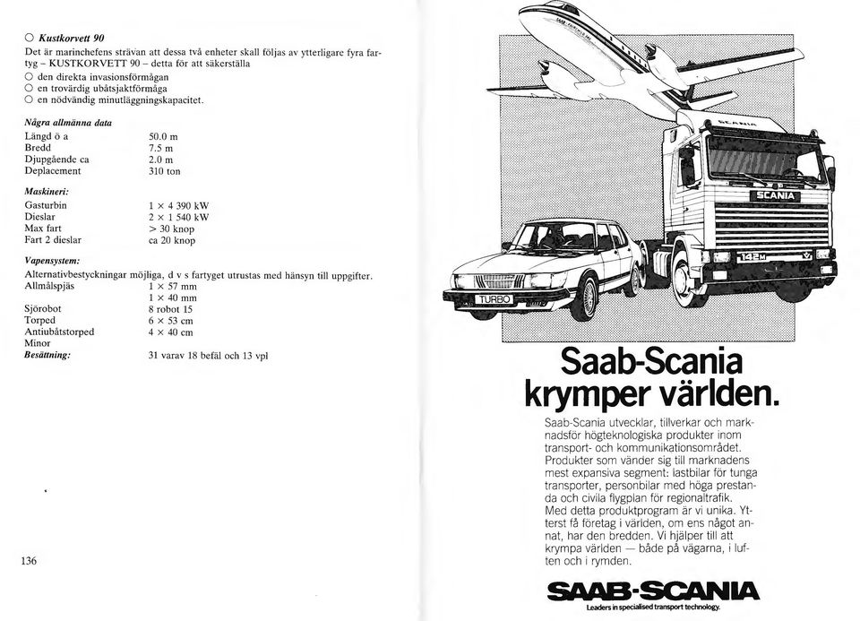 0 m 310 ton x 4 390 kw 2 x 540 kw > 30 knop ca 20 knop Vapensystem: Aternativbestyckningar möjiga, d v s fartyget utrustas med hänsyn ti uppgifter.