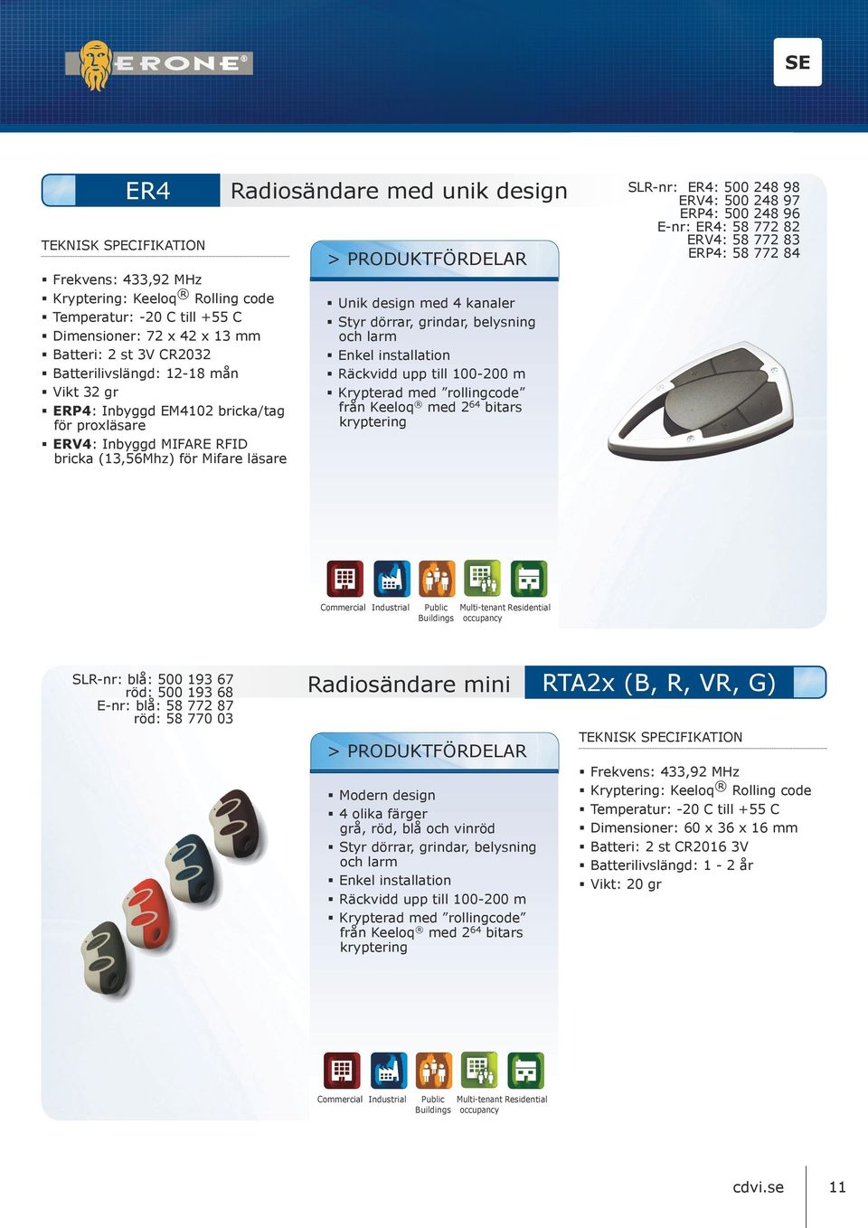 dörrar, grindar, belysning och larm Enkel installation Räckvidd upp till 100200 m SLRnr: blå: 500 röd: 500 Enr: blå: 58 röd: 58 SLRnr: ER4: 500 ERV4: 500 ERP4: 500 Enr: ER4: 58 ERV4: 58 ERP4: 58