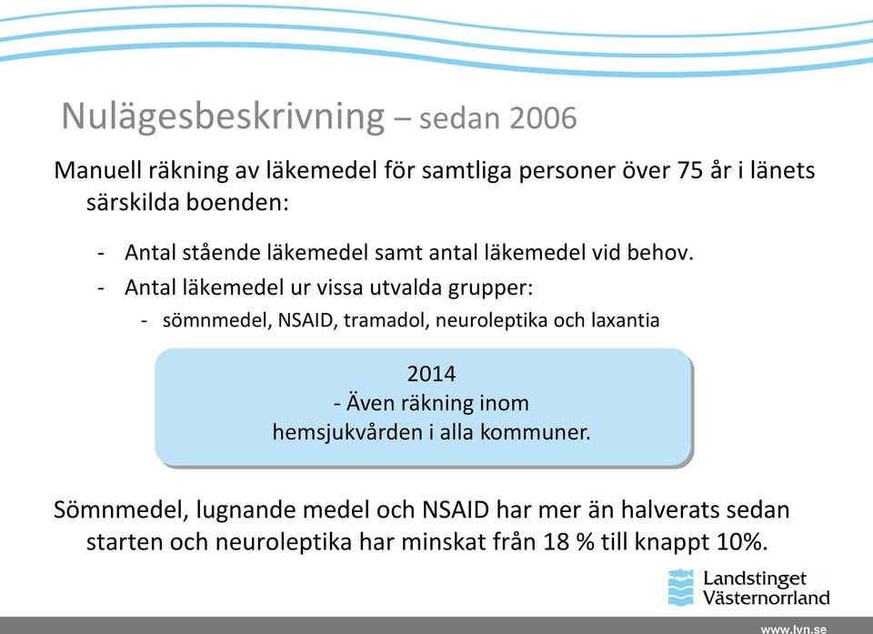 - Antal läkemedel ur vissa utvalda grupper: - sömnmedel, NSAID, tramadol, neuroleptika och laxantia 2014 - Även