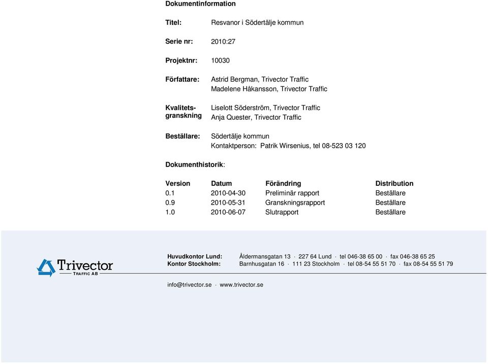 Distribution 0.1 2010-04-30 Preliminär rapport Beställare 0.9 2010-05-31 Granskningsrapport Beställare 1.