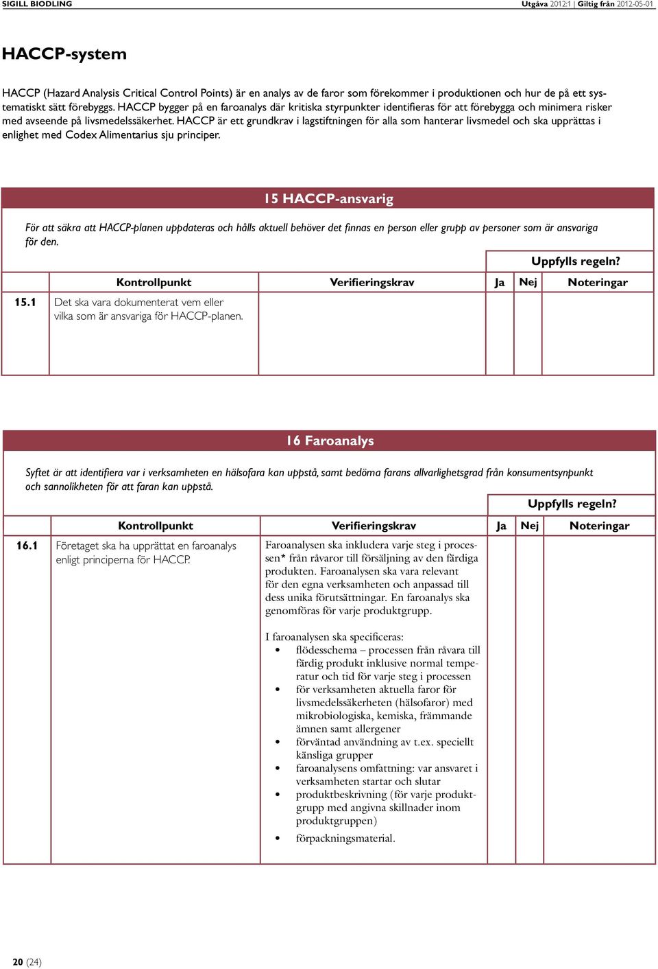 HACCP är ett grundkrav i lagstiftningen för alla som hanterar livsmedel och ska upprättas i enlighet med Codex Alimentarius sju principer.