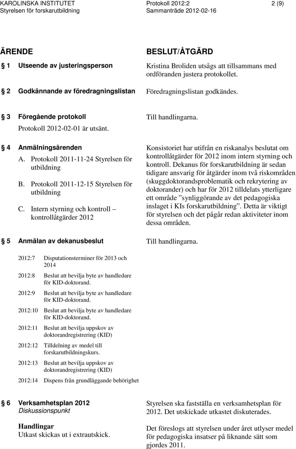 Protokoll 2011-11-24 Styrelsen för utbildning B. Protokoll 2011-12-15 Styrelsen för utbildning C. Intern styrning och kontroll kontrollåtgärder 2012 5 Anmälan av dekanusbeslut Till handlingarna.