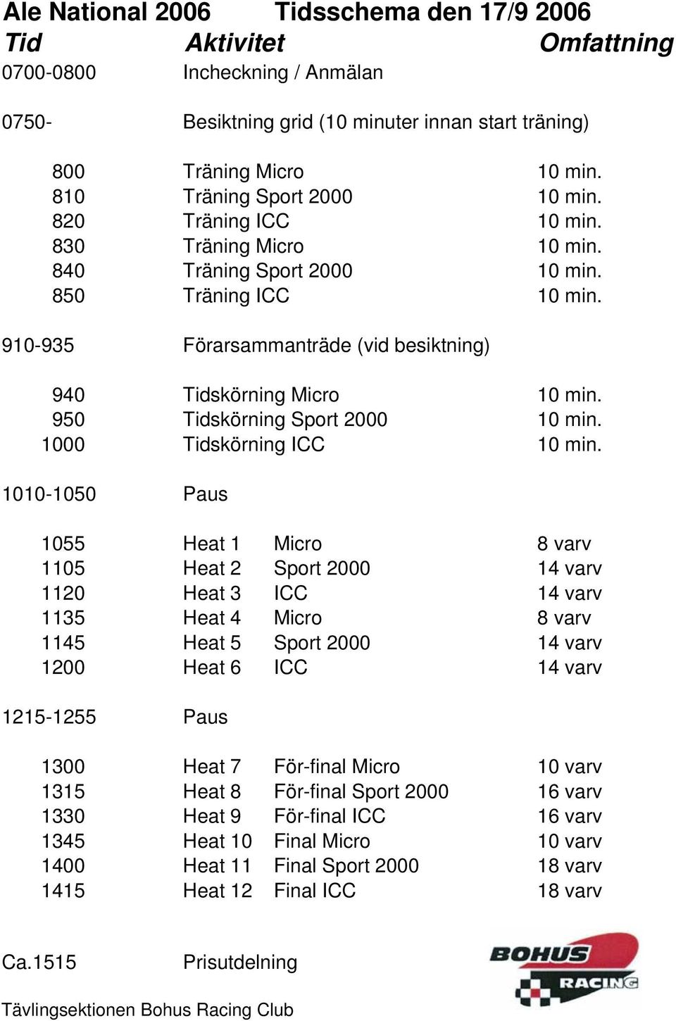 910-935 Förarsammanträde (vid besiktning) 940 Tidskörning Micro 10 min. 950 Tidskörning Sport 2000 10 min. 1000 Tidskörning ICC 10 min.