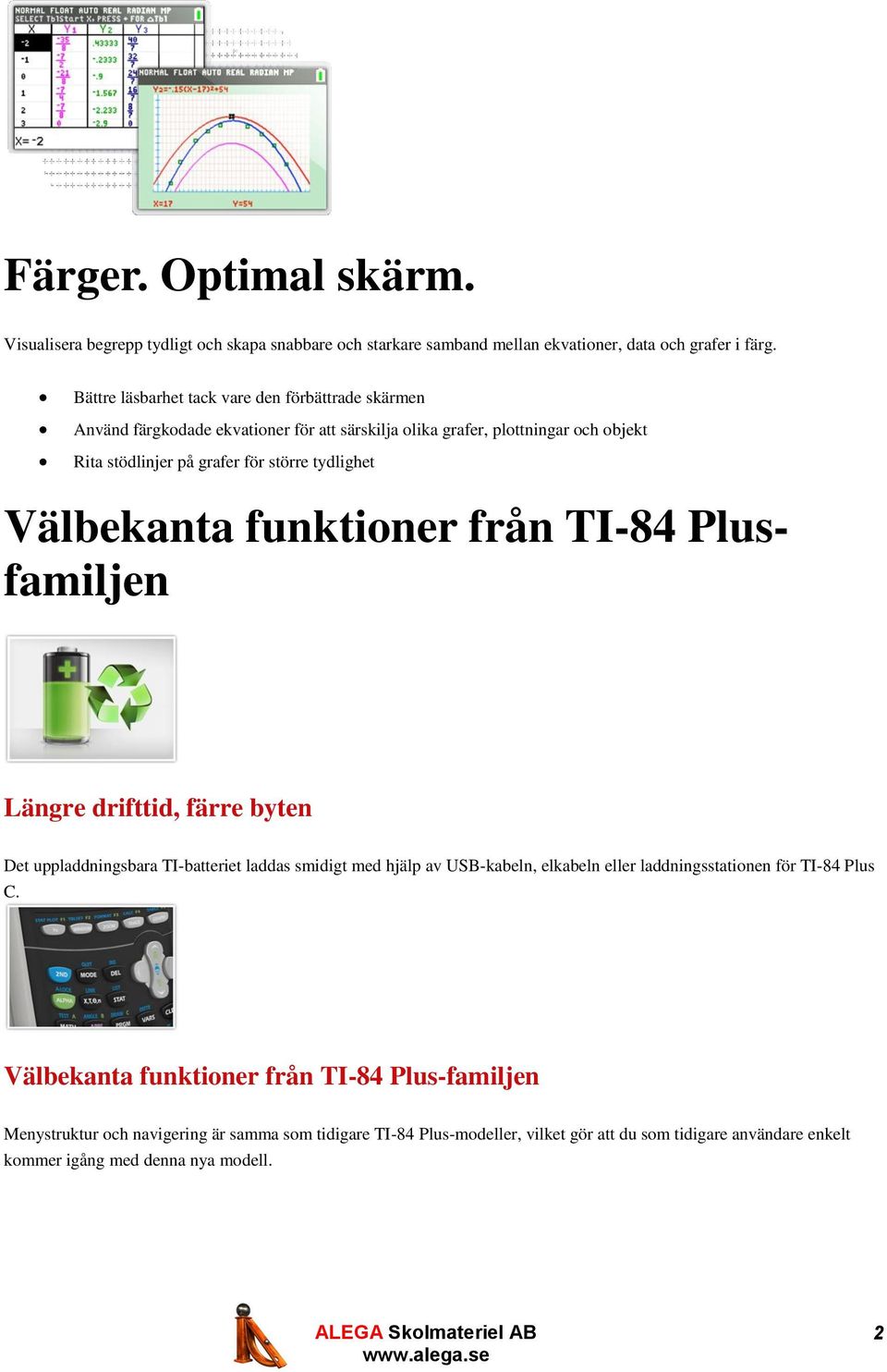 tydlighet Välbekanta funktioner från TI-84 Plusfamiljen Längre drifttid, färre byten Det uppladdningsbara TI-batteriet laddas smidigt med hjälp av USB-kabeln, elkabeln eller