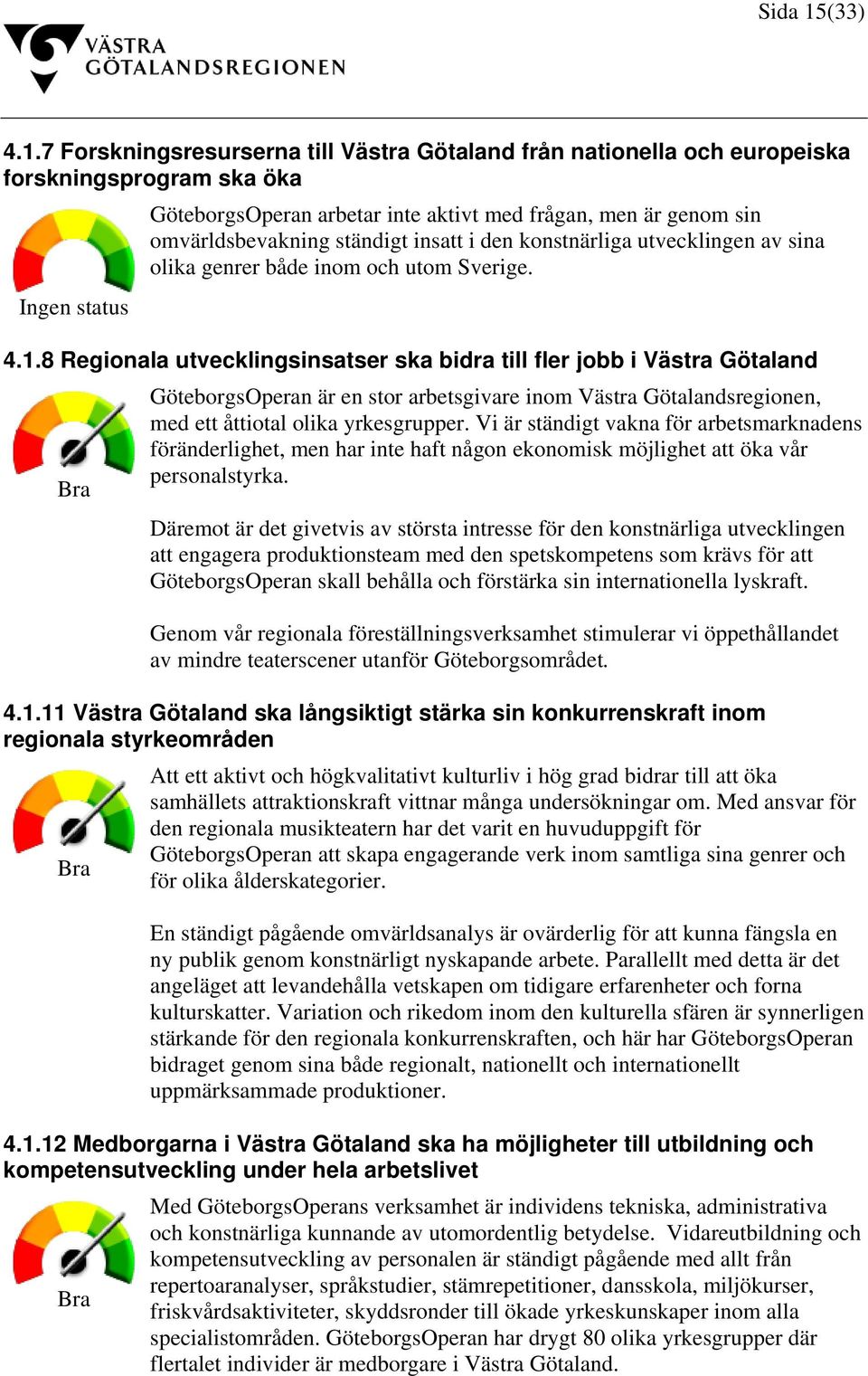 7 Forskningsresurserna till Västra Götaland från nationella och europeiska forskningsprogram ska öka Ingen status GöteborgsOperan arbetar inte aktivt med frågan, men är genom sin omvärldsbevakning