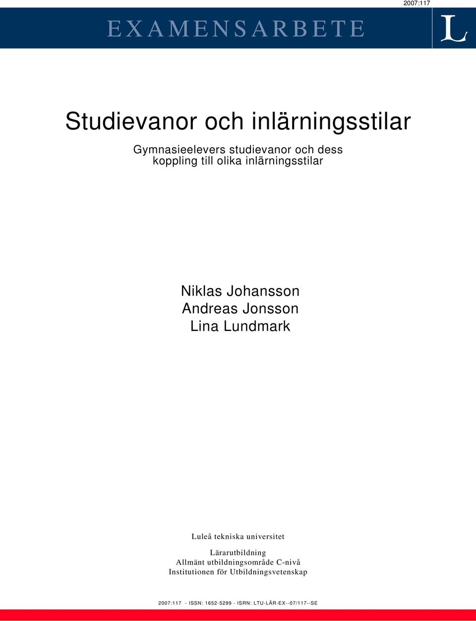 Lundmark Luleå tekniska universitet Lärarutbildning Allmänt utbildningsområde C-nivå