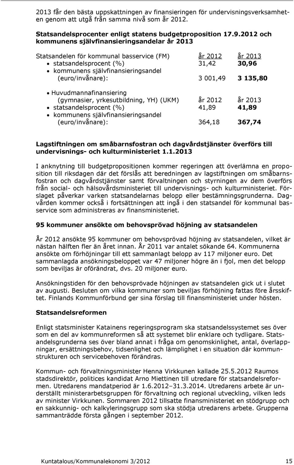 001,49 3 135,80 Huvudmannafinansiering (gymnasier, yrkesutbildning, YH) (UKM) år 2012 år 2013 statsandelsprocent (%) 41,89 41,89 kommunens självfinansieringsandel (euro/invånare): 364,18 367,74