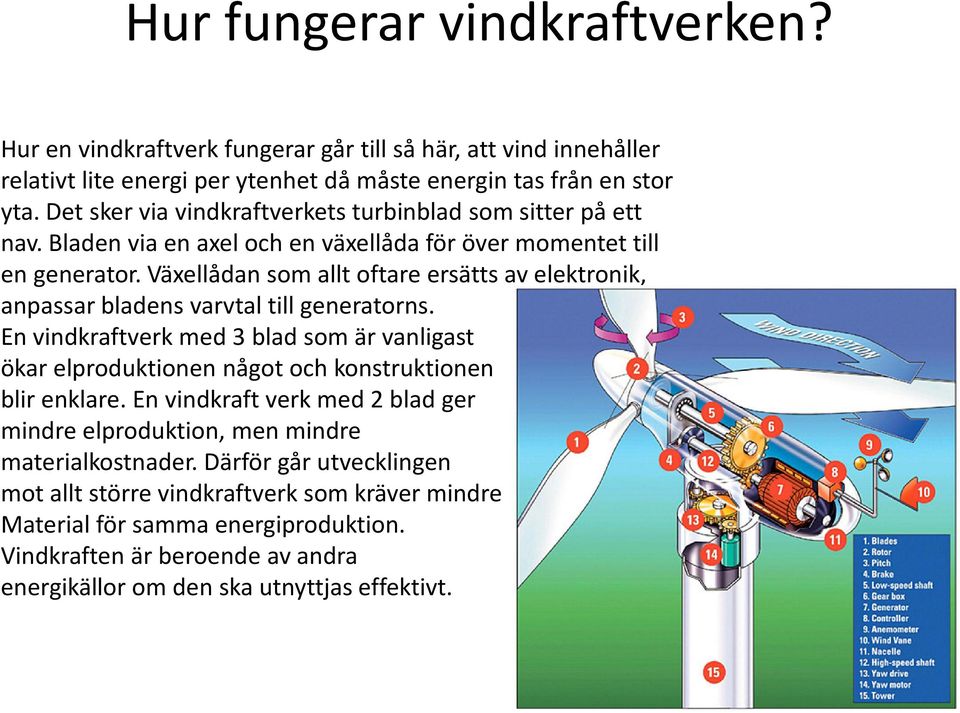 Växellådan som allt oftare ersätts av elektronik, anpassar bladens varvtal till generatorns.