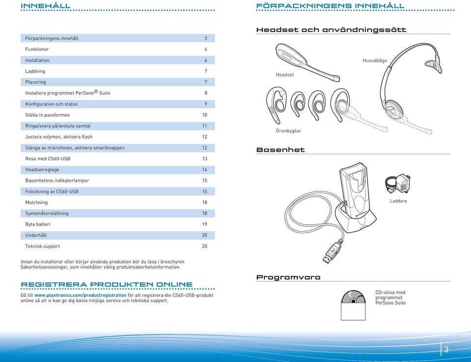 Basenhet Headsetreglage 14 Basenhetens indikatorlampor 15 Felsökning av CS60-USB 15 Matchning 18 Laddare Systemåterställning 18 Byta batteri 19 Underhåll 20 Teknisk support 20 Innan du installerar