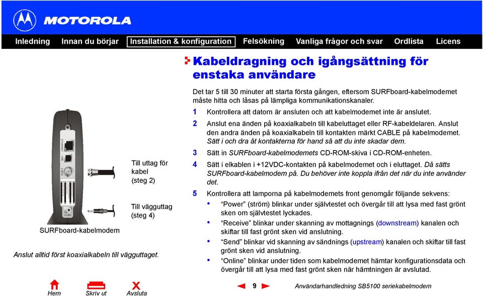 Det tar 5 till 30 minuter att starta första gången, eftersom SURFboard-kabelmodemet måste hitta och låsas på lämpliga kommunikationskanaler.