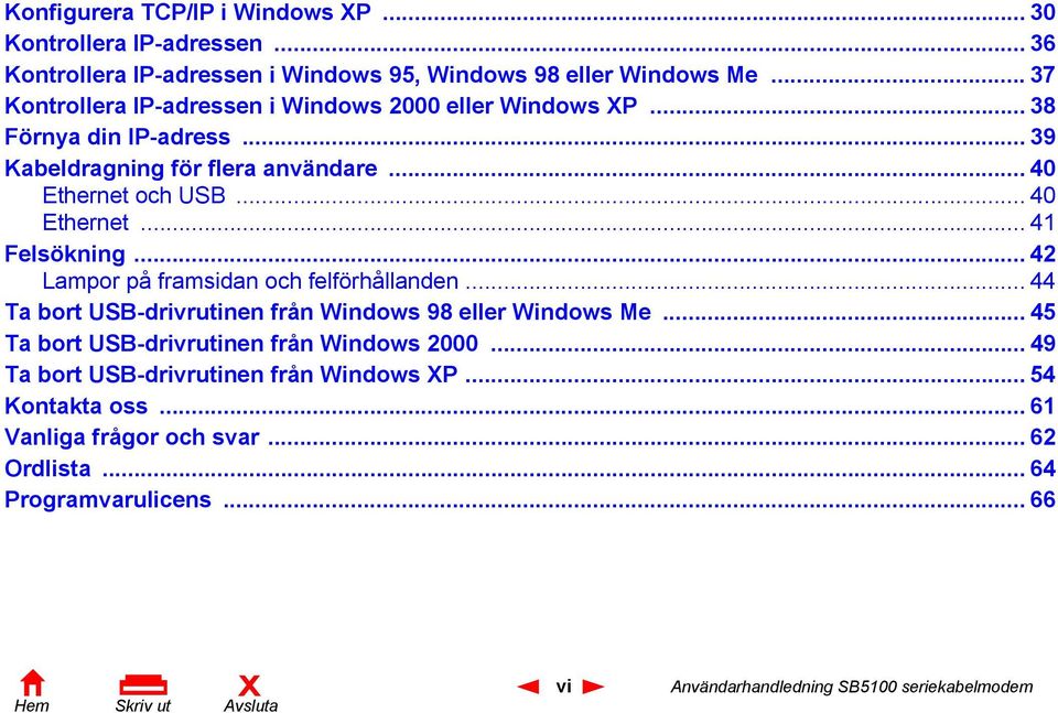 .. 40 Ethernet... 41 Felsökning... 42 Lampor på framsidan och felförhållanden...44 Ta bort USB-drivrutinen från Windows 98 eller Windows Me.