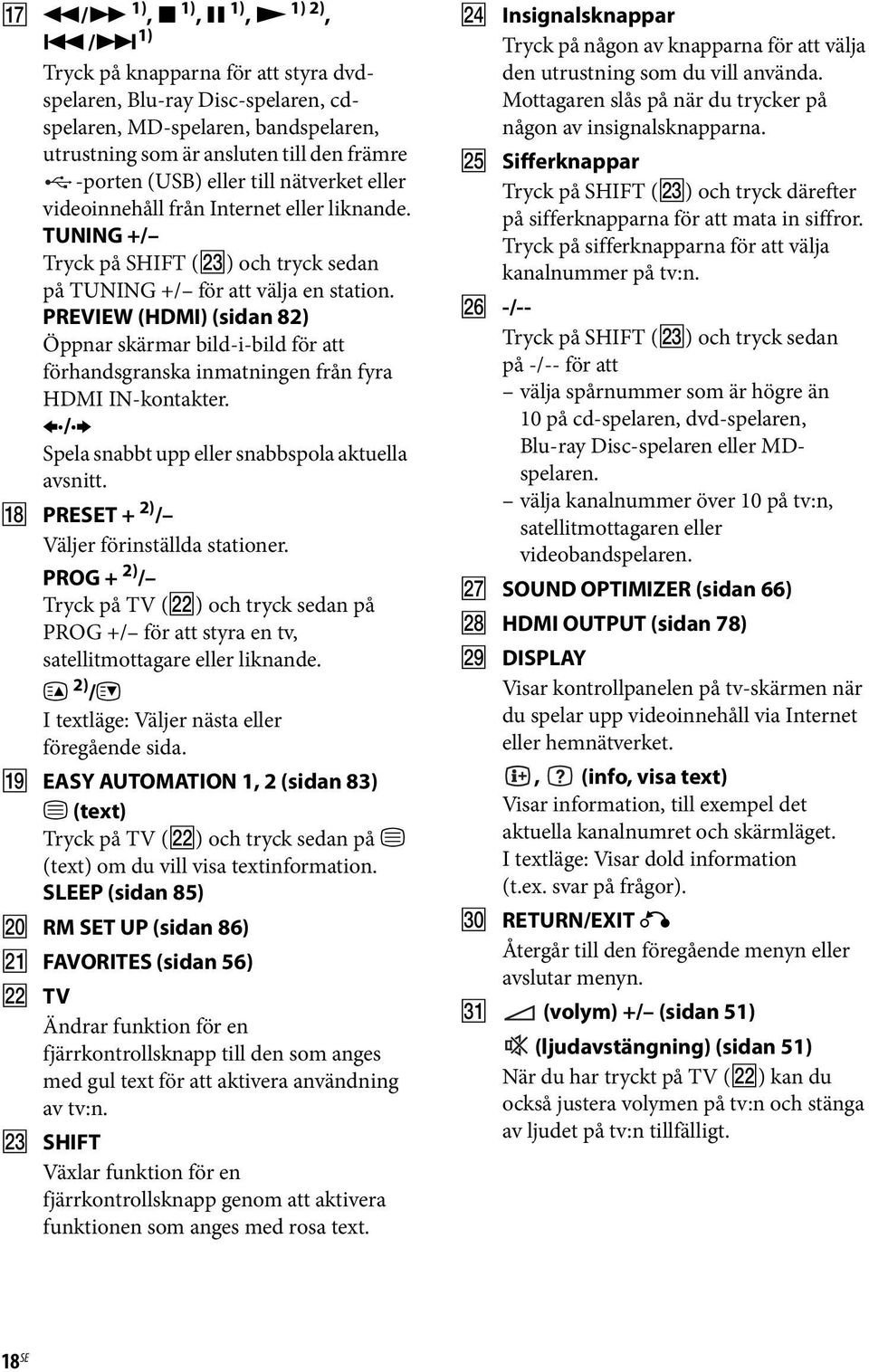 videoinnehåll från Internet eller liknande. TUNING +/ Tryck på SHIFT (wd) och tryck sedan på TUNING +/ för att välja en station.