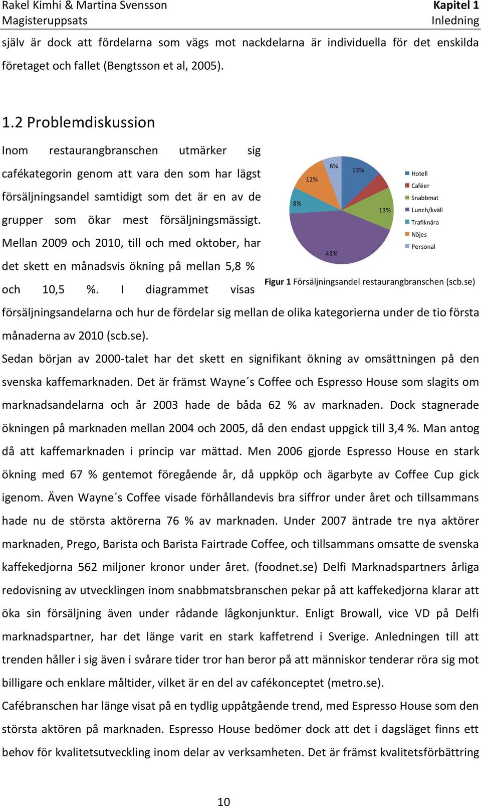 2 Problemdiskussion Inom restaurangbranschen utmärker sig cafékategorin genom att vara den som har lägst försäljningsandel samtidigt som det är en av de grupper som ökar mest försäljningsmässigt.