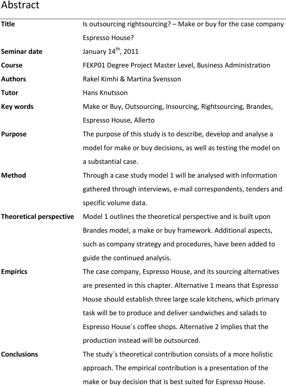 Insourcing, Rightsourcing, Brandes, Espresso House, Allerto Purpose The purpose of this study is to describe, develop and analyse a model for make or buy decisions, as well as testing the model on a