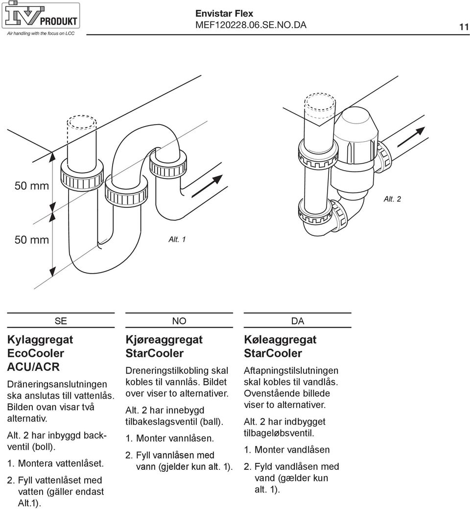 Kjøreaggregat StarCooler Dreneringstilkobling skal kobles til vannlås. Bildet over viser to alternativer. Alt. 2 har innebygd tilbakeslagsventil (ball). 1. Monter vannlåsen. 2. Fyll vannlåsen med vann (gjelder kun alt.