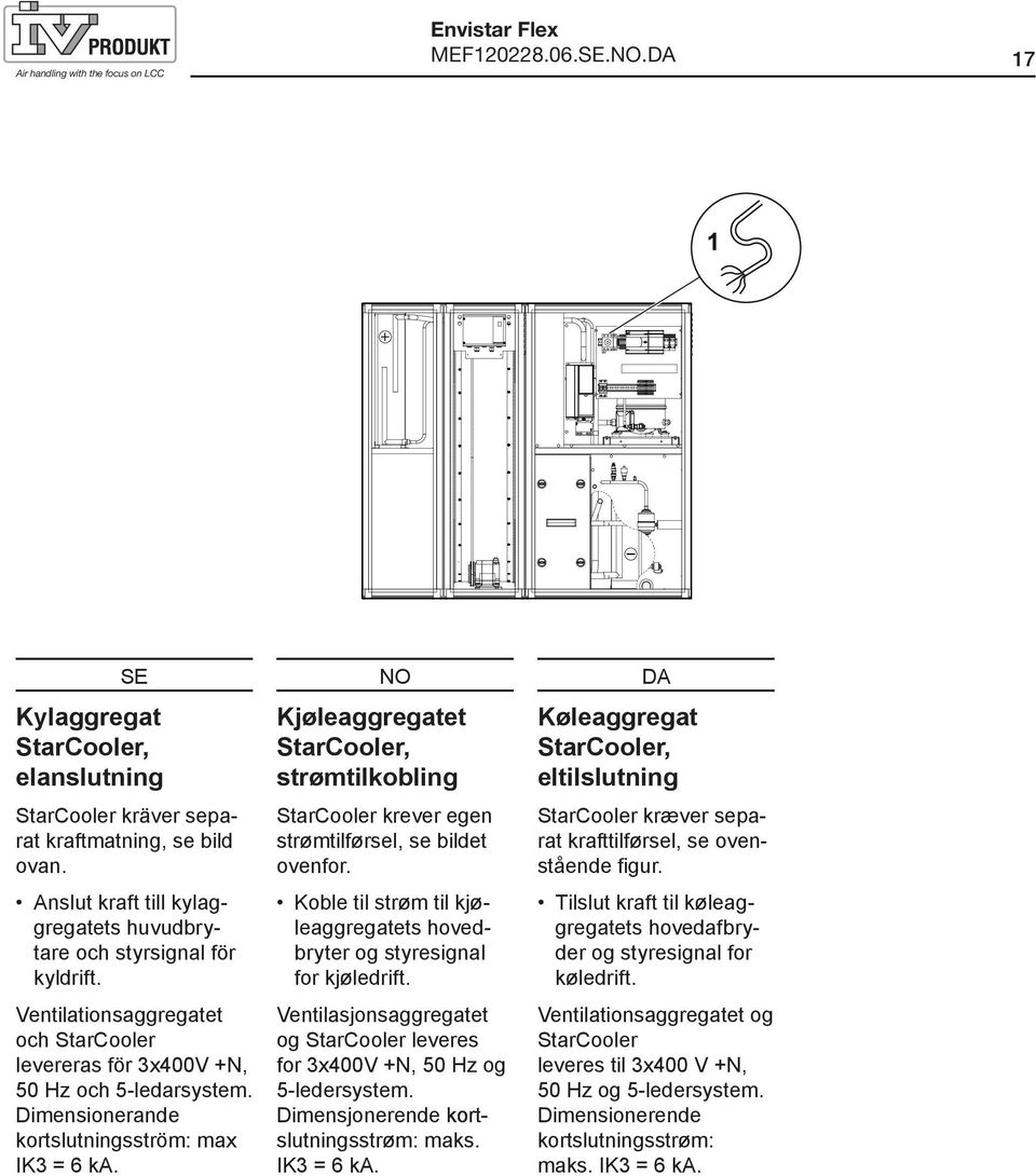 Dimensionerande kortslutningsström: max IK3 = 6 ka. Kjøleaggregatet StarCooler, strømtilkobling StarCooler krever egen strømtilførsel, se bildet ovenfor.