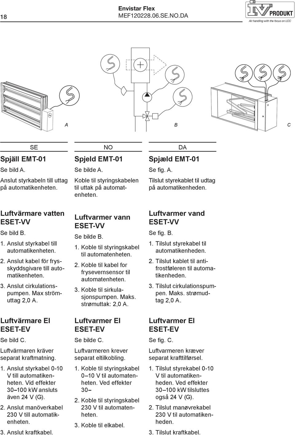 Anslut styrkabel till automatikenheten. 2. Anslut kabel för frysskyddsgivare till automatikenheten. 3. Anslut cirkulationspumpen. Max strömuttag 2,0 A. Luftvärmare El ET-EV Se bild C.