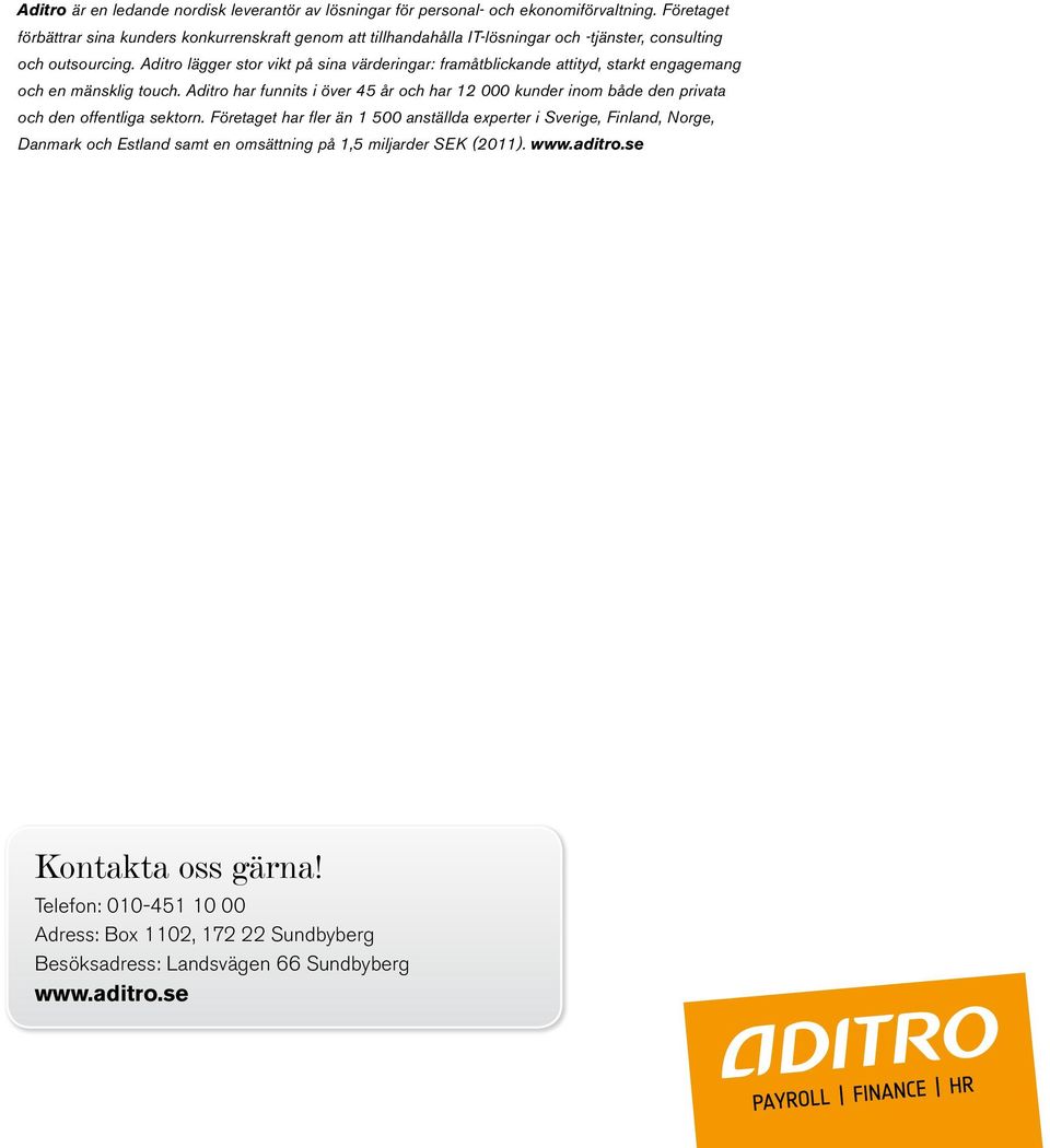 Aditro lägger stor vikt på sina värderingar: framåtblickande attityd, starkt engagemang och en mänsklig touch.