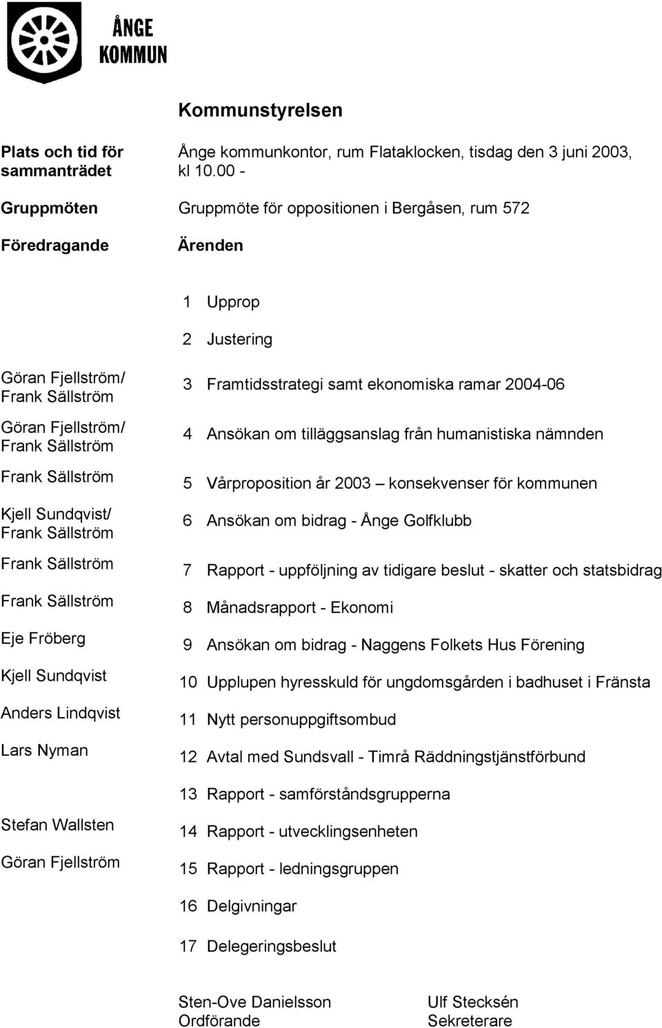 Sundqvist/ Frank Sällström Frank Sällström Frank Sällström Eje Fröberg Kjell Sundqvist Anders Lindqvist Lars Nyman 3 Framtidsstrategi samt ekonomiska ramar 2004-06 4 Ansökan om tilläggsanslag från