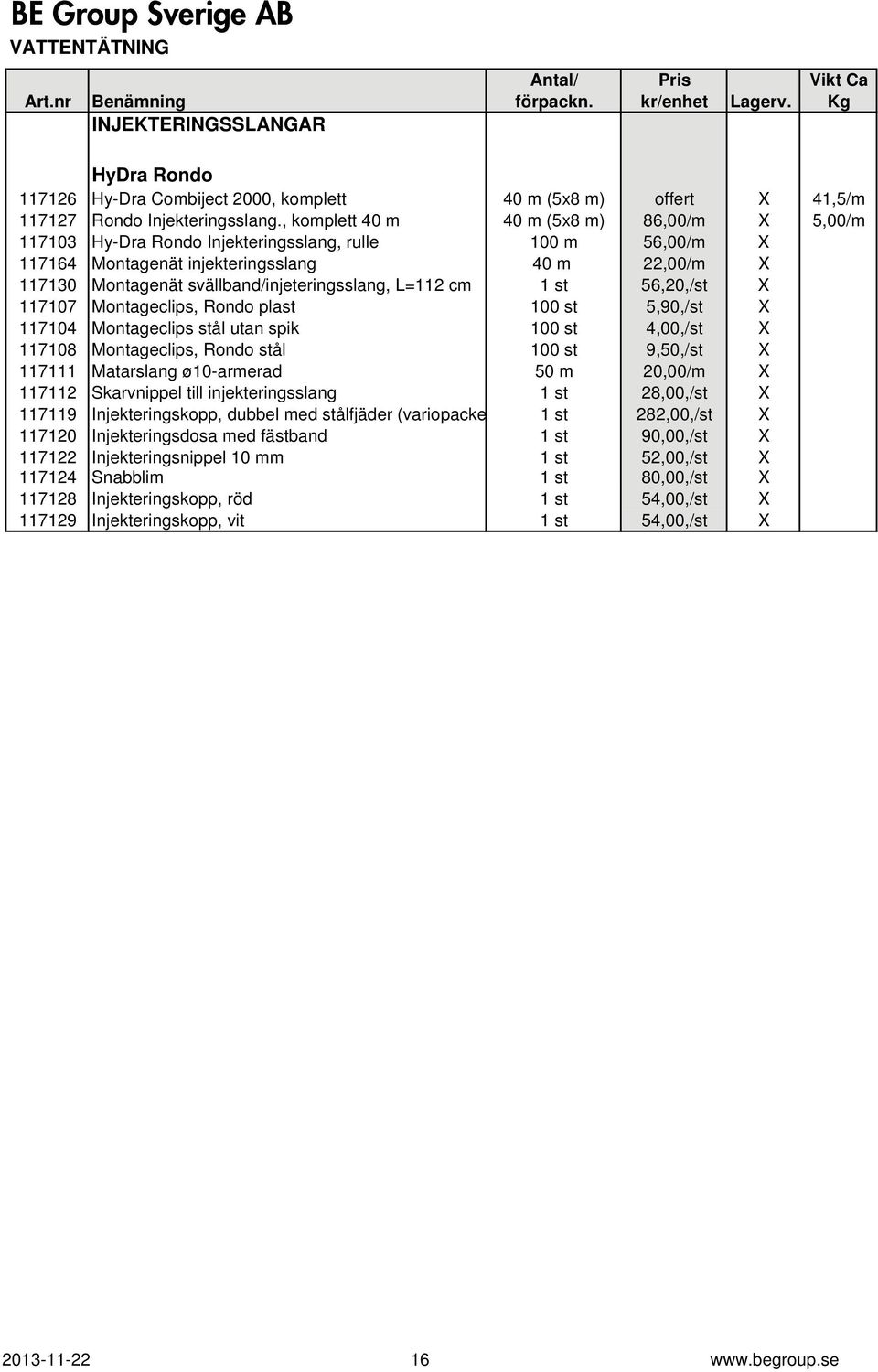 svällband/injeteringsslang, L=112 cm 1 st 56,20,/st X 117107 Montageclips, Rondo plast 100 st 5,90,/st X 117104 Montageclips stål utan spik 100 st 4,00,/st X 117108 Montageclips, Rondo stål 100 st